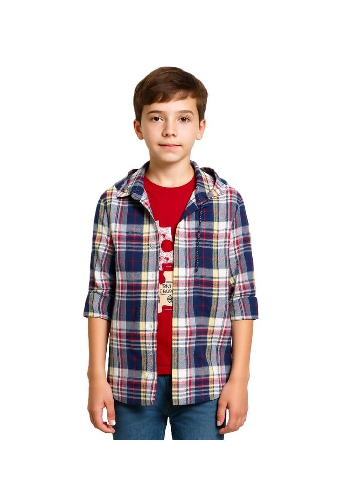 CAVIO Boys Cotton Checks Full Sleeve Hooded Shirt and T-Shirt - Image 1